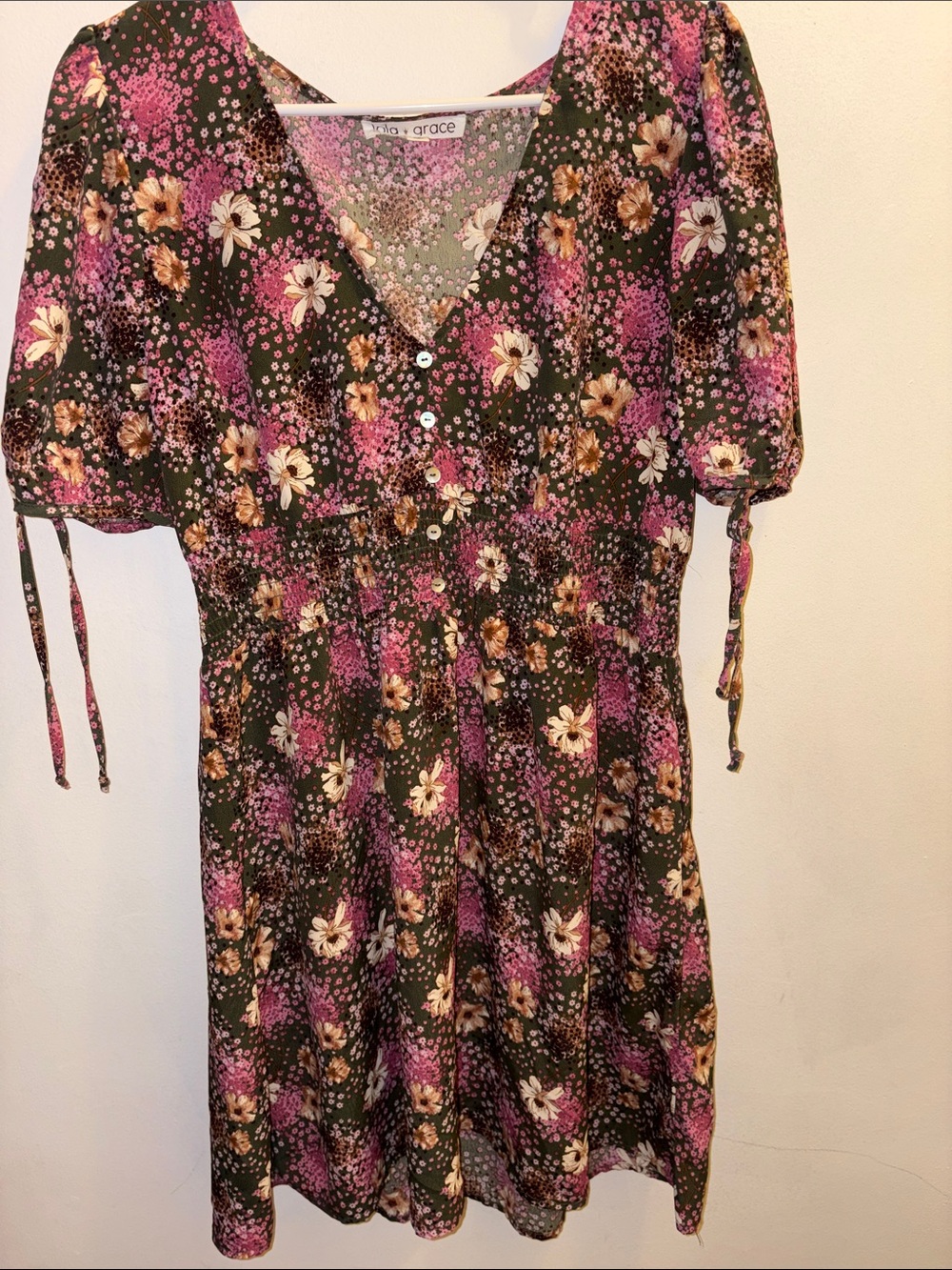 Lola Grace Women's Green Floral Dress with Pink Accents